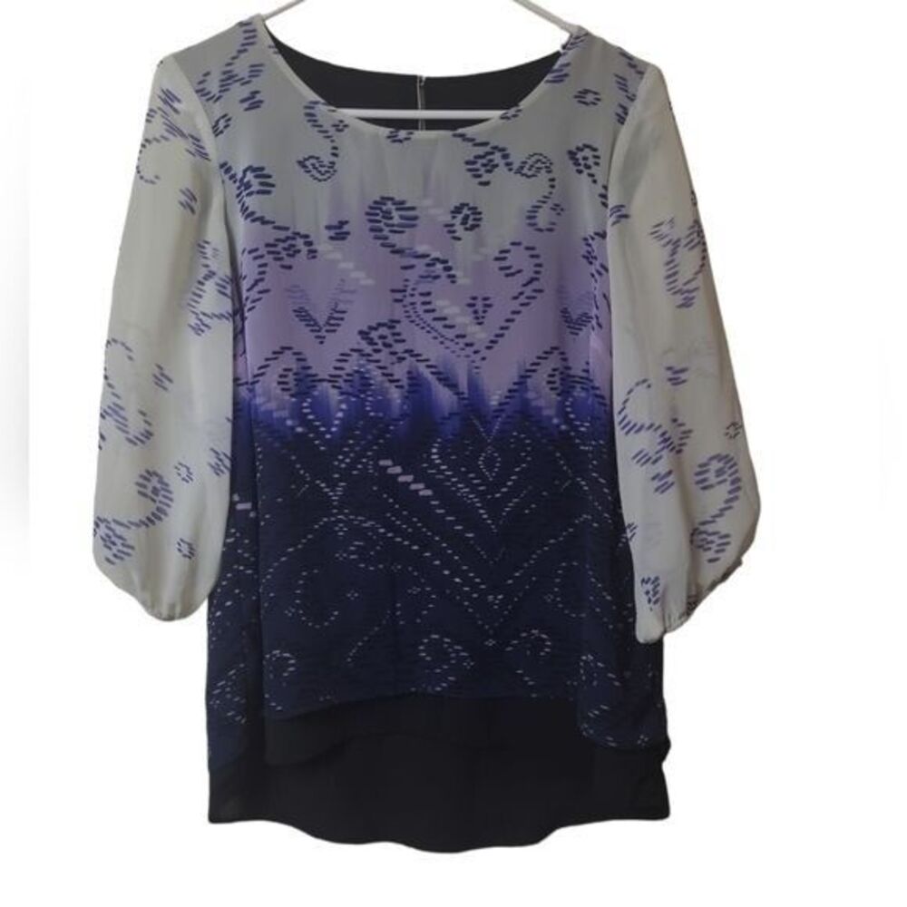 AB Studio Blue & Purple 3/4 Sleeve Pullover Blouse Size S